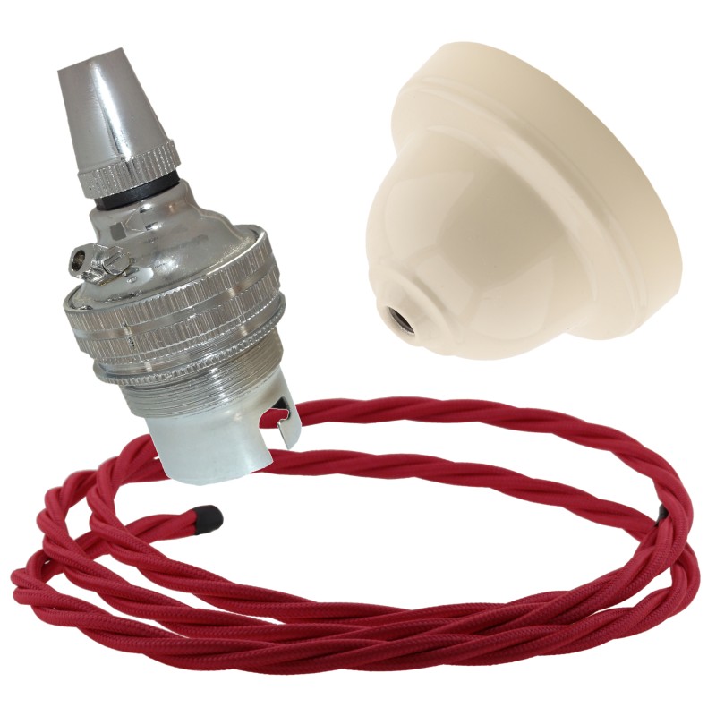 Ivory Bakelite Ceiling Pendant Kit with B22 Silver Nickel Finish Lampholder and Bright Red Flex Ivory Bakelite Ceiling Pendant Kit with B22 Silver Nickel Finish Lampholder and Bright Red Flex