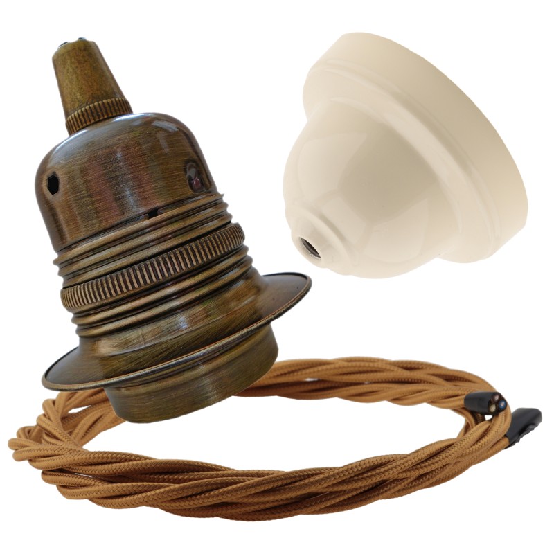 Pendant Kit with Ivory Bakelite Ceiling cup E27 Antique Brass Lampholder and Antique Gold Flex Pendant Kit with Ivory Bakelite Ceiling cup E27 Antique Brass Lampholder and Antique Gold Flex