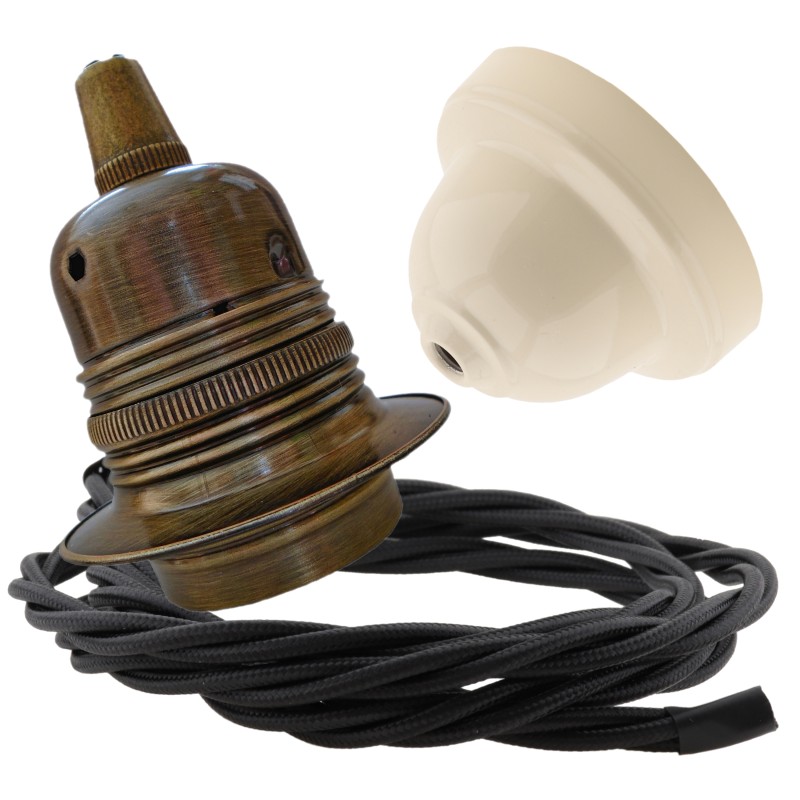 Pendant Kit with Ivory Bakelite Ceiling cup E27 Antique Brass Lampholder and Black Flex Pendant Kit with Ivory Bakelite Ceiling cup E27 Antique Brass Lampholder and Black Flex