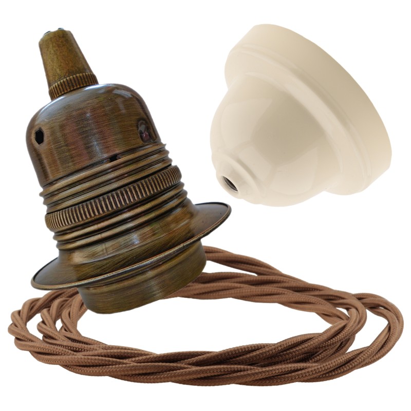 Pendant Kit with Ivory Bakelite Ceiling cup E27 Antique Brass Lampholder and Bronze Flex Pendant Kit with Ivory Bakelite Ceiling cup E27 Antique Brass Lampholder and Bronze Flex