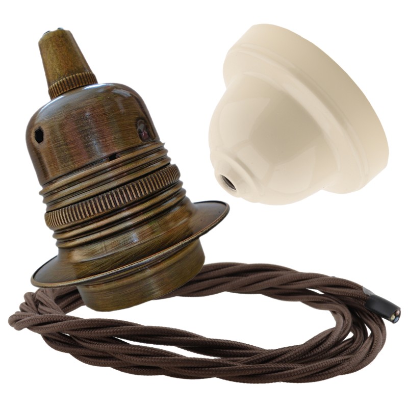 Pendant Kit with Ivory Bakelite Ceiling cup E27 Antique Brass Lampholder and Mocha Brown Flex Pendant Kit with Ivory Bakelite Ceiling cup E27 Antique Brass Lampholder and Mocha Brown Flex