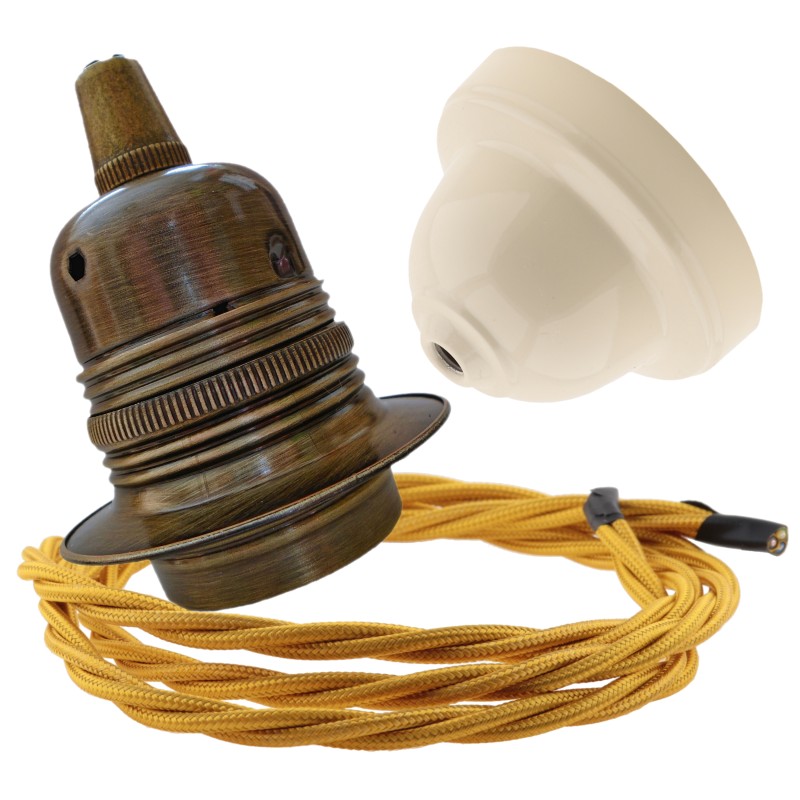 Pendant Kit with Ivory Bakelite Ceiling cup E27 Antique Brass Lampholder and Gold Flex Pendant Kit with Ivory Bakelite Ceiling cup E27 Antique Brass Lampholder and Gold Flex