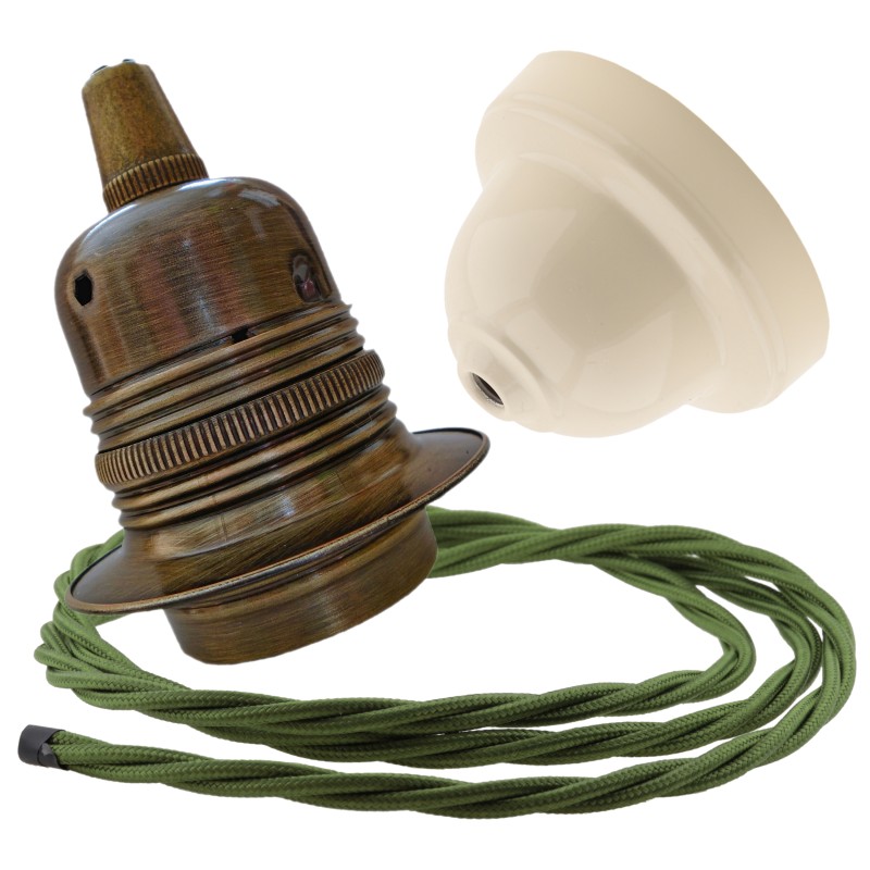Pendant Kit with Ivory Bakelite Ceiling cup E27 Antique Brass Lampholder and Green Flex Pendant Kit with Ivory Bakelite Ceiling cup E27 Antique Brass Lampholder and Green Flex