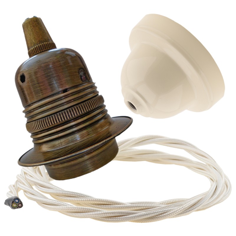 Pendant Kit with Ivory Bakelite Ceiling cup E27 Antique Brass Lampholder and Classic Ivory Flex Pendant Kit with Ivory Bakelite Ceiling cup E27 Antique Brass Lampholder and Classic Ivory Flex