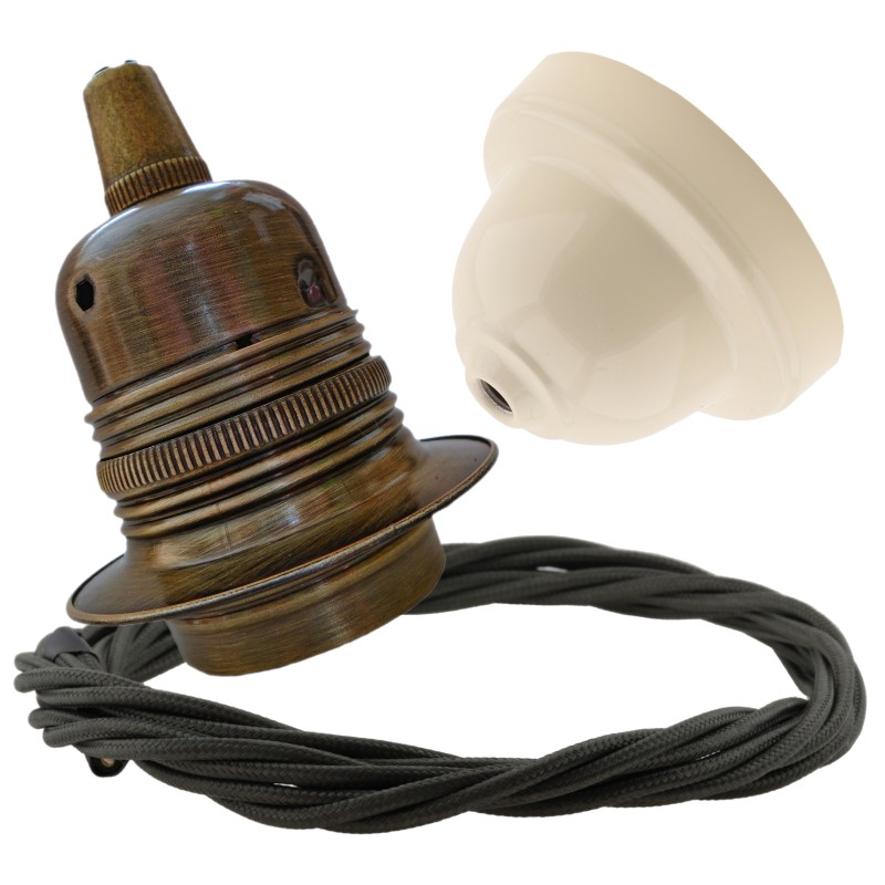 Pendant Kit with Ivory Bakelite Ceiling cup E27 Antique Brass Lampholder and Khaki Green Flex Pendant Kit with Ivory Bakelite Ceiling cup E27 Antique Brass Lampholder and Khaki Green Flex