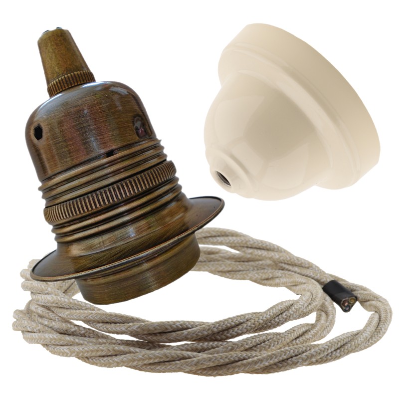 Pendant Kit with Ivory Bakelite Ceiling cup E27 Antique Brass Lampholder and Linen Flex Pendant Kit with Ivory Bakelite Ceiling cup E27 Antique Brass Lampholder and Linen Flex