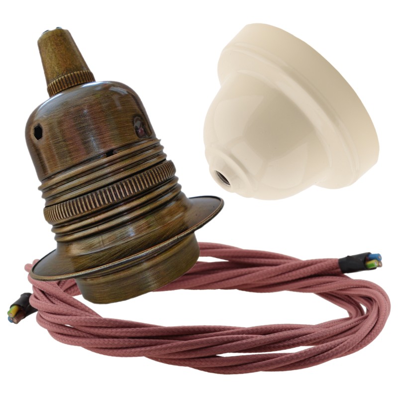 Pendant Kit with Ivory Bakelite Ceiling cup E27 Antique Brass Lampholder and Dusky Pink Flex Pendant Kit with Ivory Bakelite Ceiling cup E27 Antique Brass Lampholder and Dusky Pink Flex
