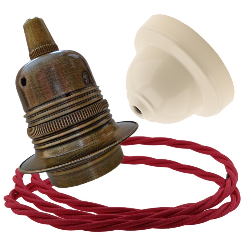 Pendant Kit with Ivory Bakelite Ceiling cup E27 Antique Brass Lampholder and Bright Red Flex Pendant Kit with Ivory Bakelite Ceiling cup E27 Antique Brass Lampholder and Bright Red Flex
