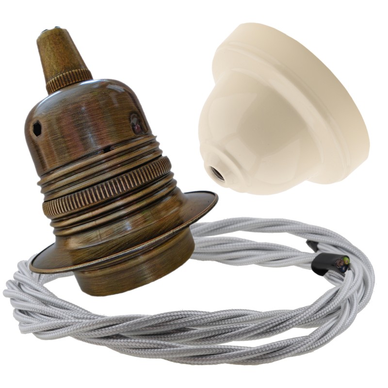 Pendant Kit with Ivory Bakelite Ceiling cup E27 Antique Brass Lampholder and Silver Flex Pendant Kit with Ivory Bakelite Ceiling cup E27 Antique Brass Lampholder and Silver Flex
