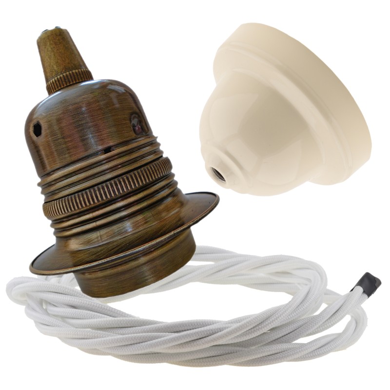 Pendant Kit with Ivory Bakelite Ceiling cup E27 Antique Brass Lampholder and White Flex Pendant Kit with Ivory Bakelite Ceiling cup E27 Antique Brass Lampholder and White Flex