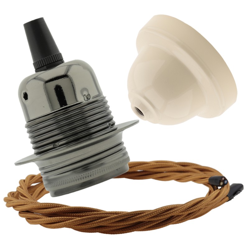 Pendant Kit with Ivory Bakelite Ceiling cup E27 Dark Bronze Lampholder and Antique Gold Flex Pendant Kit with Ivory Bakelite Ceiling cup E27 Dark Bronze Lampholder and Antique Gold Flex