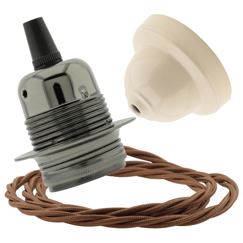 Pendant Kit with Ivory Bakelite Ceiling cup E27 Dark Bronze Lampholder and Bronze Flex Pendant Kit with Ivory Bakelite Ceiling cup E27 Dark Bronze Lampholder and Bronze Flex