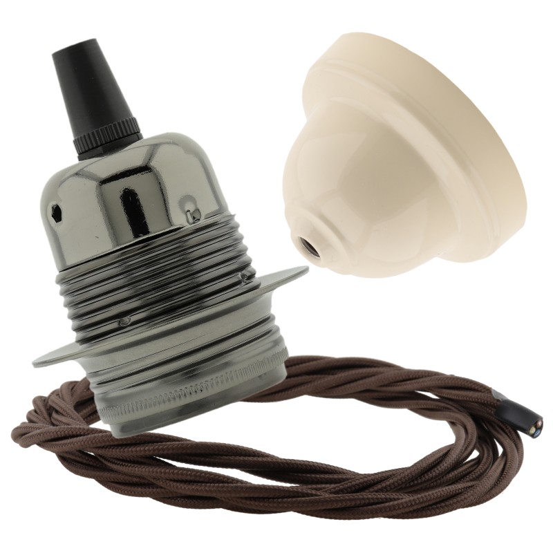 Pendant Kit with Ivory Bakelite Ceiling cup E27 Dark Bronze Lampholder and Mocha Brown Flex Pendant Kit with Ivory Bakelite Ceiling cup E27 Dark Bronze Lampholder and Mocha Brown Flex