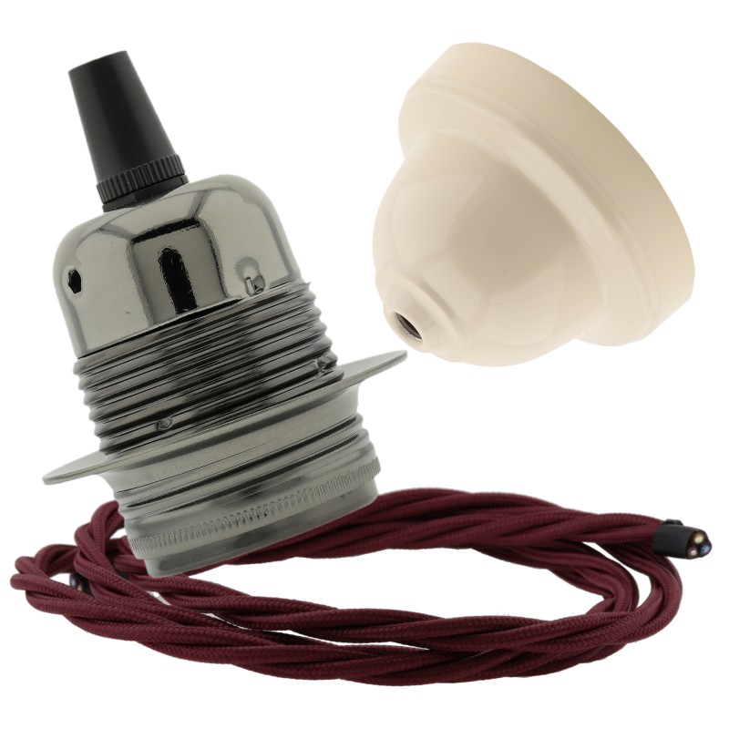 Pendant Kit with Ivory Bakelite Ceiling cup E27 Dark Bronze Lampholder and Rich Burgundy Flex Pendant Kit with Ivory Bakelite Ceiling cup E27 Dark Bronze Lampholder and Rich Burgundy Flex