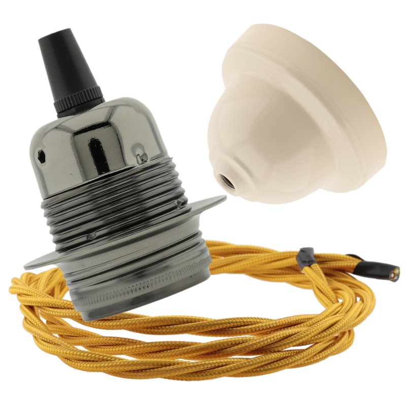 Pendant Kit with Ivory Bakelite Ceiling cup E27 Dark Bronze Lampholder and Gold Flex Pendant Kit with Ivory Bakelite Ceiling cup E27 Dark Bronze Lampholder and Gold Flex