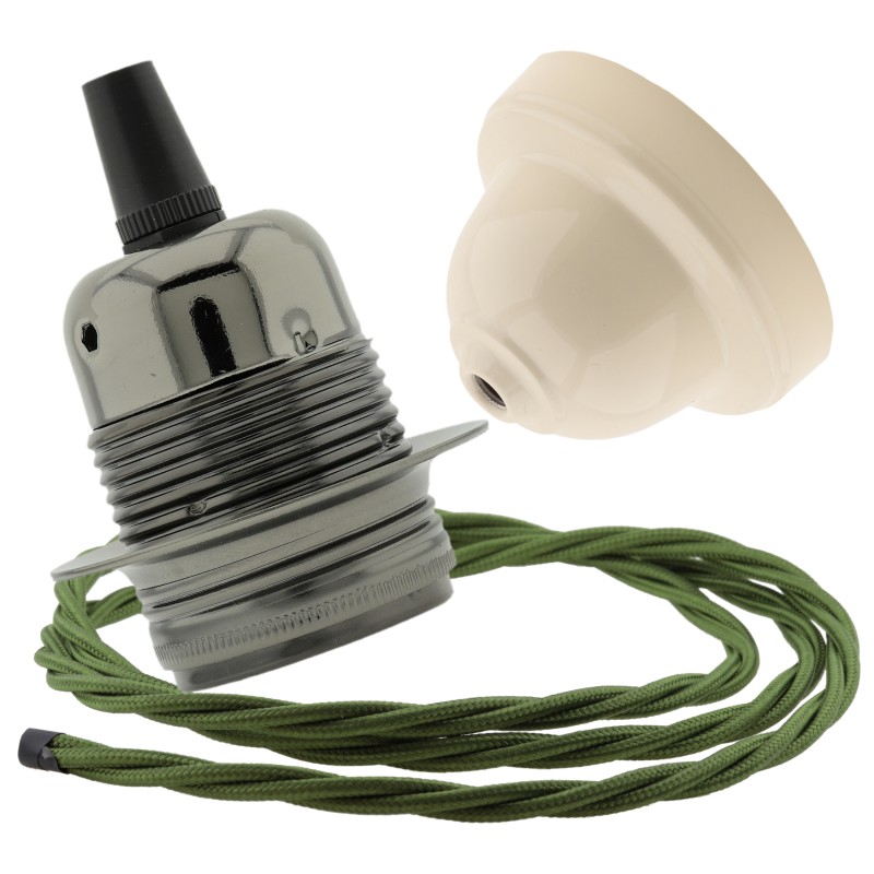 Pendant Kit with Ivory Bakelite Ceiling cup E27 Dark Bronze Lampholder and Green Flex Pendant Kit with Ivory Bakelite Ceiling cup E27 Dark Bronze Lampholder and Green Flex