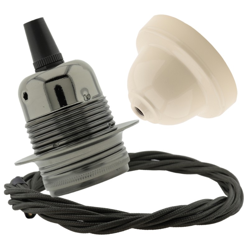 Pendant Kit with Ivory Bakelite Ceiling cup E27 Dark Bronze Lampholder and Khaki Green Flex Pendant Kit with Ivory Bakelite Ceiling cup E27 Dark Bronze Lampholder and Khaki Green Flex