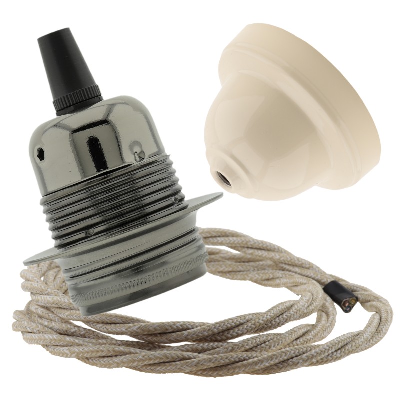 Pendant Kit with Ivory Bakelite Ceiling cup E27 Dark Bronze Lampholder and Linen Flex Pendant Kit with Ivory Bakelite Ceiling cup E27 Dark Bronze Lampholder and Linen Flex