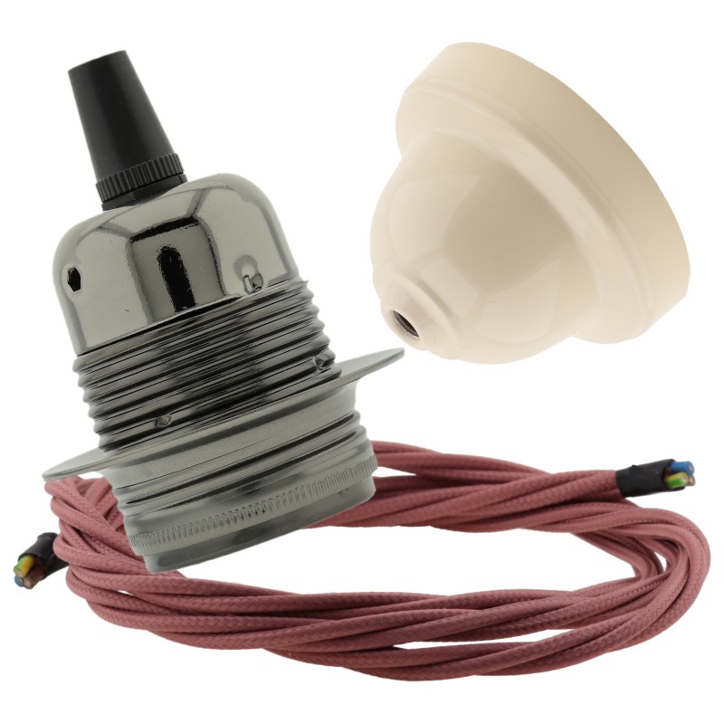 Pendant Kit with Ivory Bakelite Ceiling cup E27 Dark Bronze Lampholder and Dusky Pink Flex Pendant Kit with Ivory Bakelite Ceiling cup E27 Dark Bronze Lampholder and Dusky Pink Flex