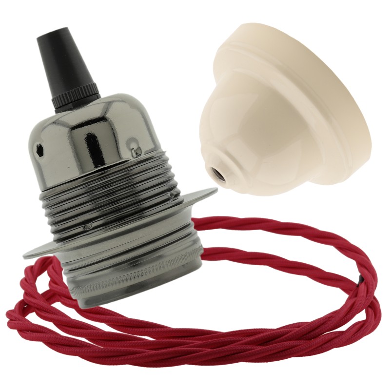 Pendant Kit with Ivory Bakelite Ceiling cup E27 Dark Bronze Lampholder and Bright Red Flex Pendant Kit with Ivory Bakelite Ceiling cup E27 Dark Bronze Lampholder and Bright Red Flex