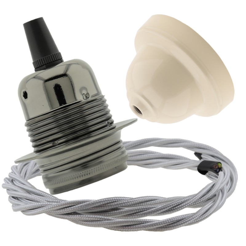 Pendant Kit with Ivory Bakelite Ceiling cup E27 Dark Bronze Lampholder and Silver Flex Pendant Kit with Ivory Bakelite Ceiling cup E27 Dark Bronze Lampholder and Silver Flex