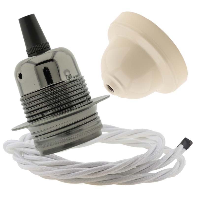 Pendant Kit with Ivory Bakelite Ceiling cup E27 Dark Bronze Lampholder and White Flex Pendant Kit with Ivory Bakelite Ceiling cup E27 Dark Bronze Lampholder and White Flex