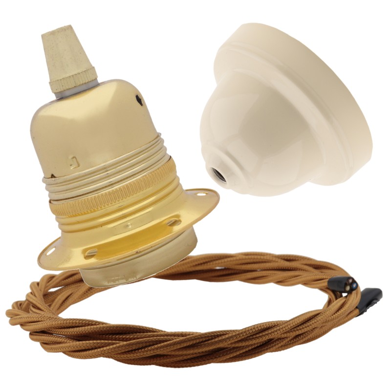 Pendant Kit with Ivory Bakelite Ceiling cup E27 Polished Brass Finish Lampholder and Antique Gold Flex Pendant Kit with Ivory Bakelite Ceiling cup E27 Polished Brass Finish Lampholder and Antique Gold Flex
