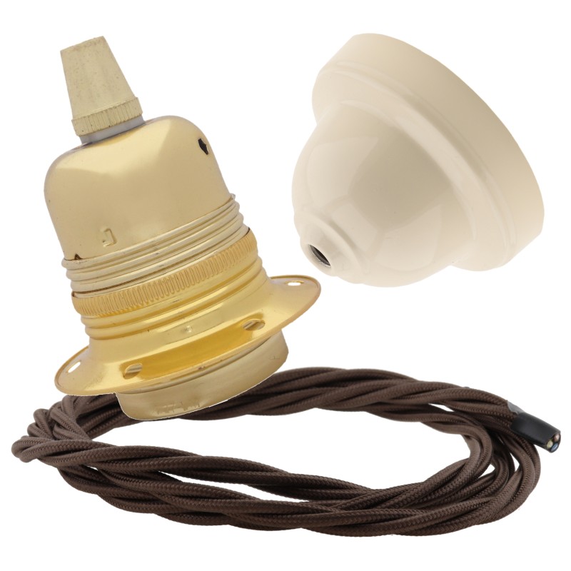 Pendant Kit with Ivory Bakelite Ceiling cup E27 Polished Brass Finish Lampholder and Mocha Brown Flex Pendant Kit with Ivory Bakelite Ceiling cup E27 Polished Brass Finish Lampholder and Mocha Brown Flex
