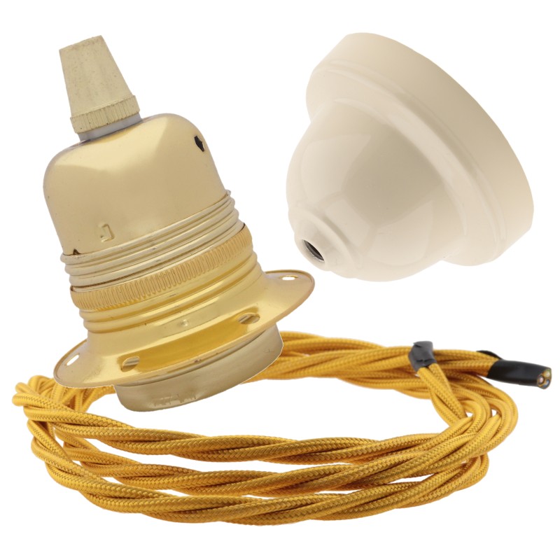 Pendant Kit with Ivory Bakelite Ceiling cup E27 Polished Brass Finish Lampholder and Gold Flex Pendant Kit with Ivory Bakelite Ceiling cup E27 Polished Brass Finish Lampholder and Gold Flex