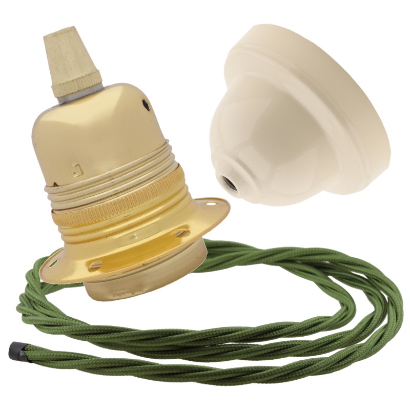 Pendant Kit with Ivory Bakelite Ceiling cup E27 Polished Brass Finish Lampholder and Green Flex Pendant Kit with Ivory Bakelite Ceiling cup E27 Polished Brass Finish Lampholder and Green Flex