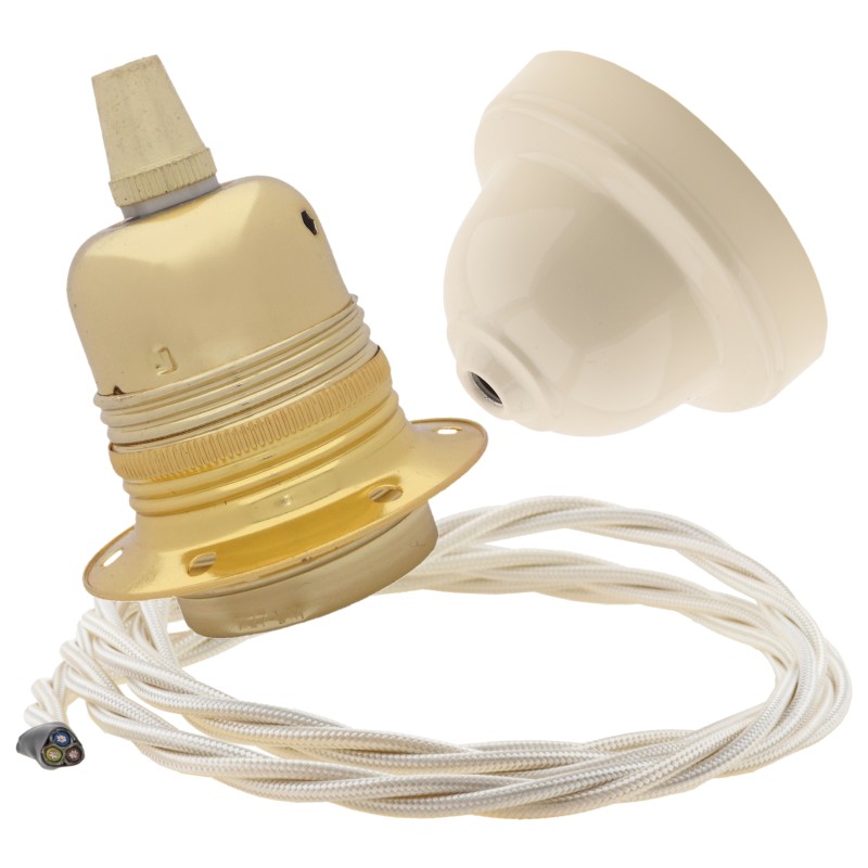 Pendant Kit with Ivory Bakelite Ceiling cup E27 Polished Brass Finish Lampholder and Classic Ivory Flex Pendant Kit with Ivory Bakelite Ceiling cup E27 Polished Brass Finish Lampholder and Classic Ivory Flex