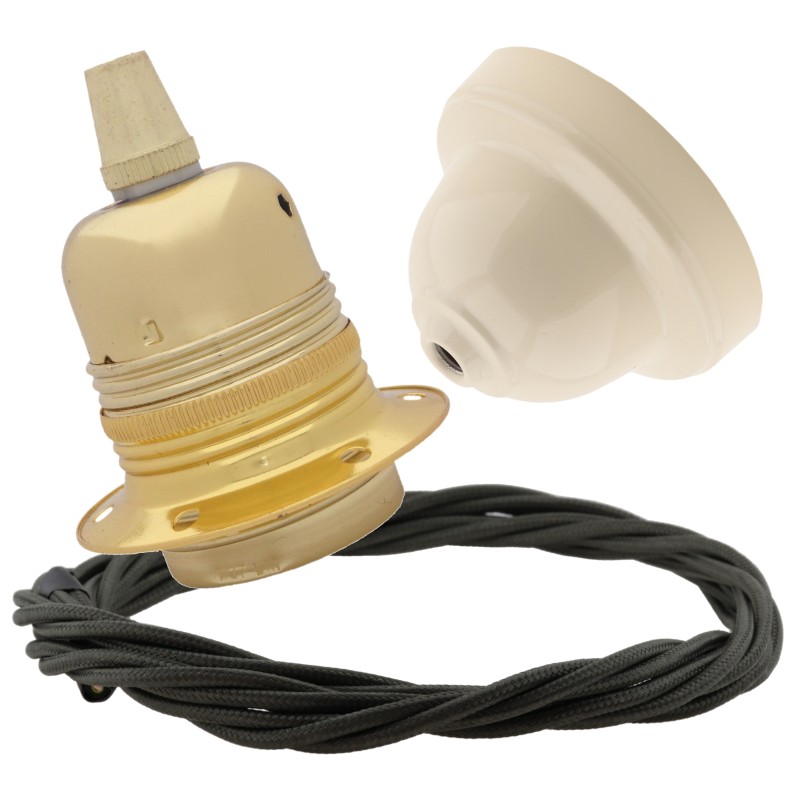Pendant Kit with Ivory Bakelite Ceiling cup E27 Polished Brass Finish Lampholder and Khaki Green Flex Pendant Kit with Ivory Bakelite Ceiling cup E27 Polished Brass Finish Lampholder and Khaki Green Flex