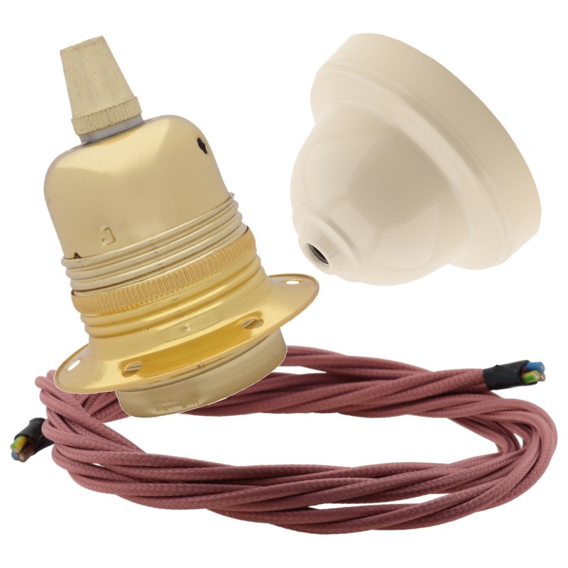 Pendant Kit with Ivory Bakelite Ceiling cup E27 Polished Brass Finish Lampholder and Dusky Pink Flex Pendant Kit with Ivory Bakelite Ceiling cup E27 Polished Brass Finish Lampholder and Dusky Pink Flex
