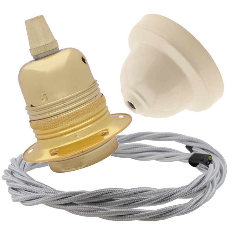 Pendant Kit with Ivory Bakelite Ceiling cup E27 Polished Brass Finish Lampholder and Silver Flex Pendant Kit with Ivory Bakelite Ceiling cup E27 Polished Brass Finish Lampholder and Silver Flex