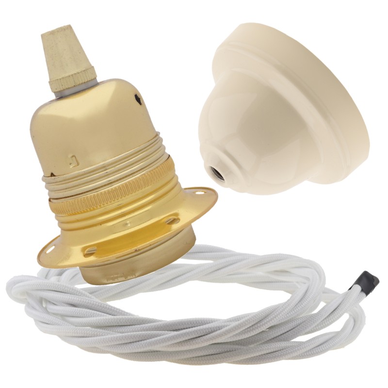 Pendant Kit with Ivory Bakelite Ceiling cup E27 Polished Brass Finish Lampholder and White Flex Pendant Kit with Ivory Bakelite Ceiling cup E27 Polished Brass Finish Lampholder and White Flex