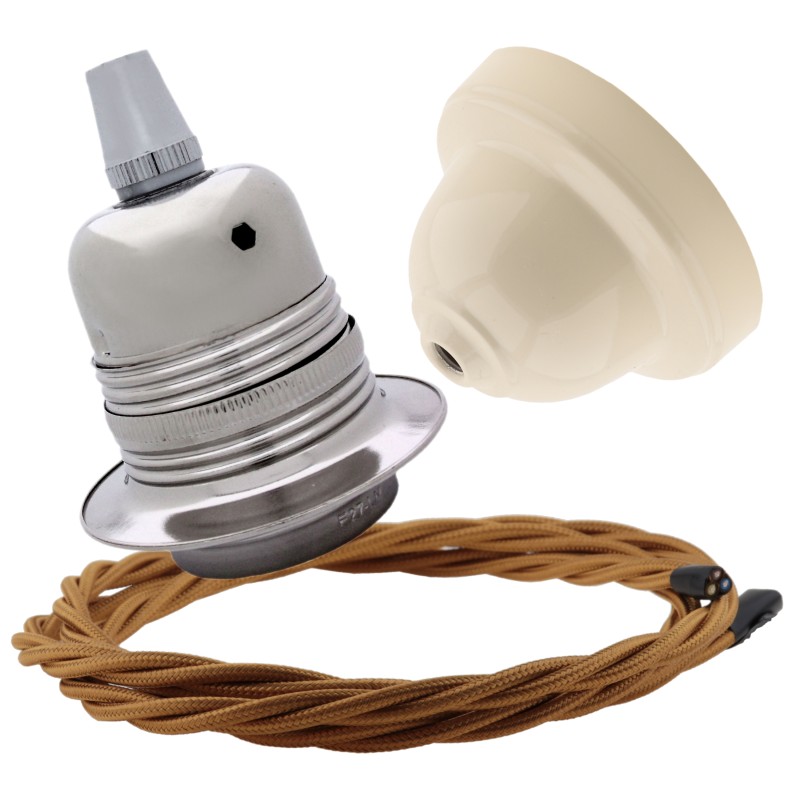 Pendant Kit with Ivory Bakelite Ceiling cup E27 Silver Nickel Finish Lampholder and Antique Gold Flex Pendant Kit with Ivory Bakelite Ceiling cup E27 Silver Nickel Finish Lampholder and Antique Gold Flex