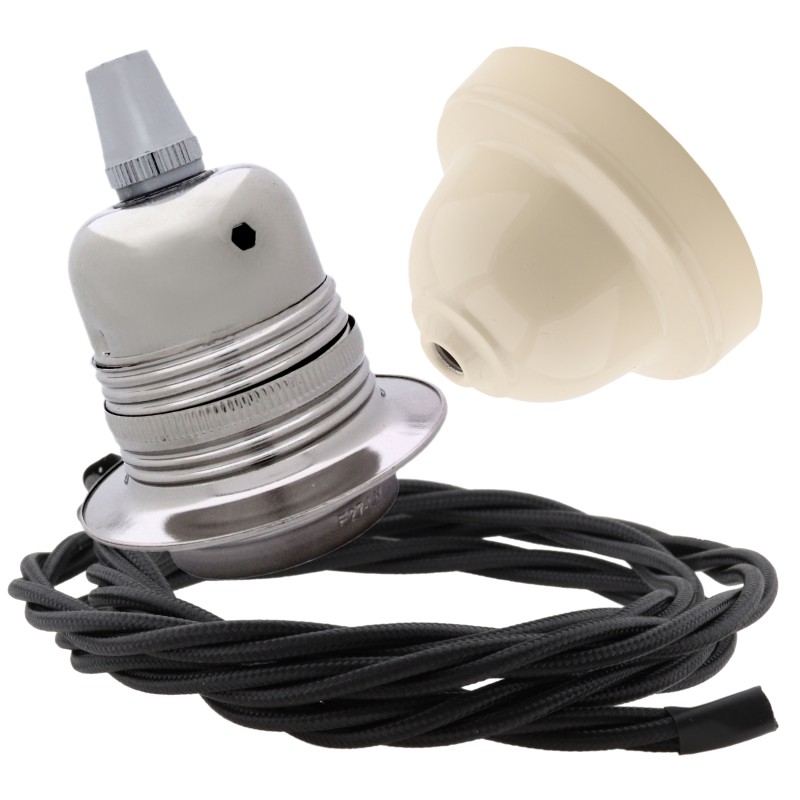 Pendant Kit with Ivory Bakelite Ceiling cup E27 Silver Nickel Finish Lampholder and Black Flex Pendant Kit with Ivory Bakelite Ceiling cup E27 Silver Nickel Finish Lampholder and Black Flex