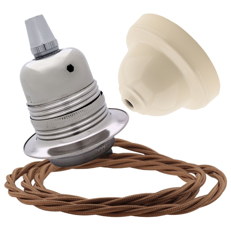 Pendant Kit with Ivory Bakelite Ceiling cup E27 Silver Nickel Finish Lampholder and Bronze Flex Pendant Kit with Ivory Bakelite Ceiling cup E27 Silver Nickel Finish Lampholder and Bronze Flex