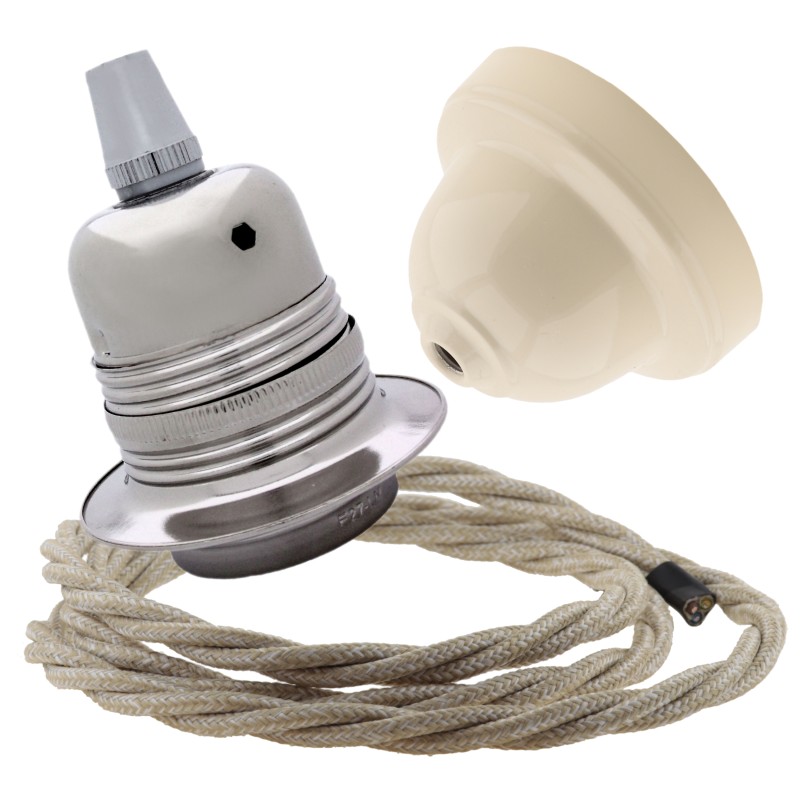 Pendant Kit with Ivory Bakelite Ceiling cup E27 Silver Nickel Finish Lampholder and Linen Flex Pendant Kit with Ivory Bakelite Ceiling cup E27 Silver Nickel Finish Lampholder and Linen Flex