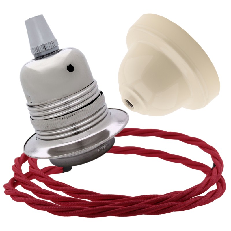 Pendant Kit with Ivory Bakelite Ceiling cup E27 Silver Nickel Finish Lampholder and Bright Red Flex Pendant Kit with Ivory Bakelite Ceiling cup E27 Silver Nickel Finish Lampholder and Bright Red Flex