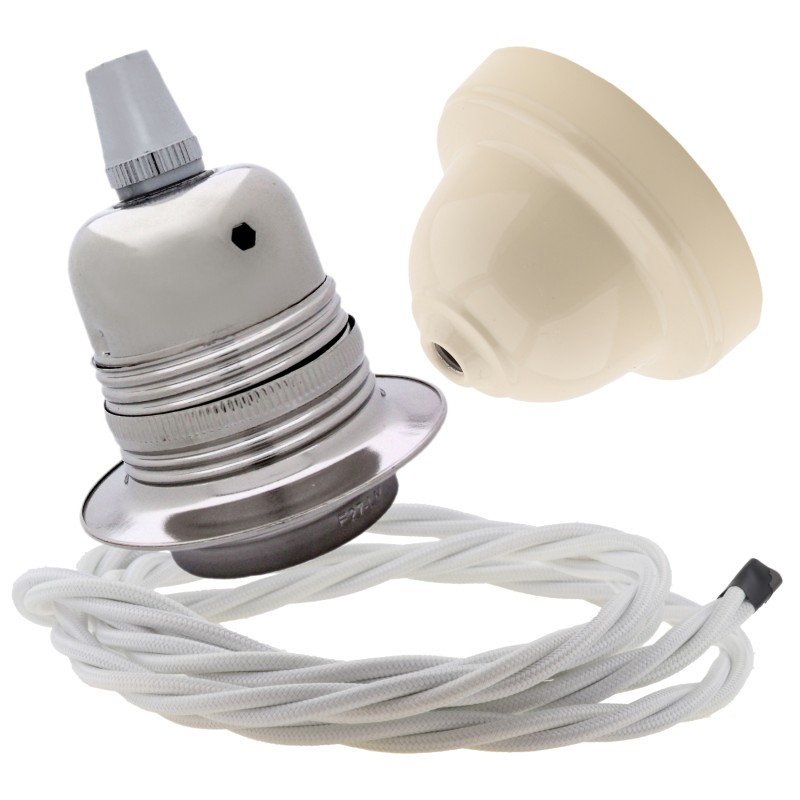 Pendant Kit with Ivory Bakelite Ceiling cup E27 Silver Nickel Finish Lampholder and White Flex Pendant Kit with Ivory Bakelite Ceiling cup E27 Silver Nickel Finish Lampholder and White Flex