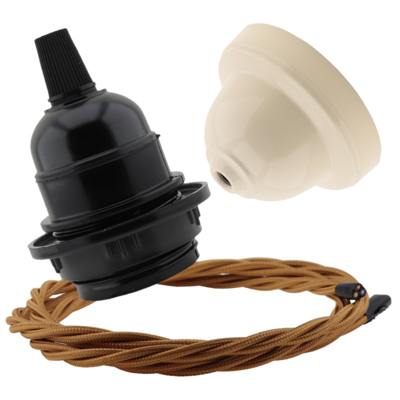 Pendant Kit Bakelite Ceiling Cup in Applied Ivory Finish with a Black Bakelite Lampholder and Antique Gold Flex Pendant Kit Bakelite Ceiling Cup in Applied Ivory Finish with a Black Bakelite Lampholder and Antique Gold Flex