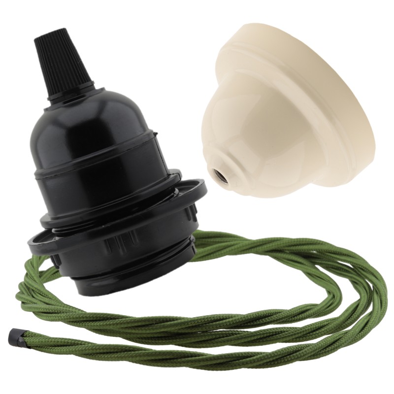 Pendant Kit Bakelite Ceiling Cup in Applied Ivory Finish with a Black Bakelite Lampholder and Green Flex Pendant Kit Bakelite Ceiling Cup in Applied Ivory Finish with a Black Bakelite Lampholder and Green Flex
