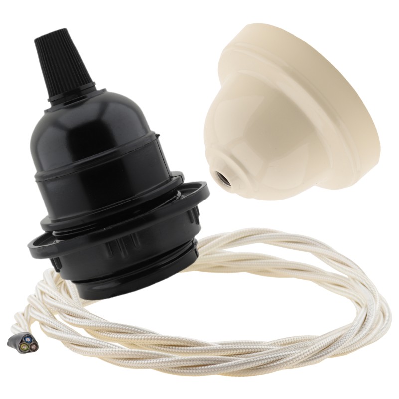 Pendant Kit Bakelite Ceiling Cup in Applied Ivory Finish with a Black Bakelite Lampholder and Classic Ivory Flex Pendant Kit Bakelite Ceiling Cup in Applied Ivory Finish with a Black Bakelite Lampholder and Classic Ivory Flex