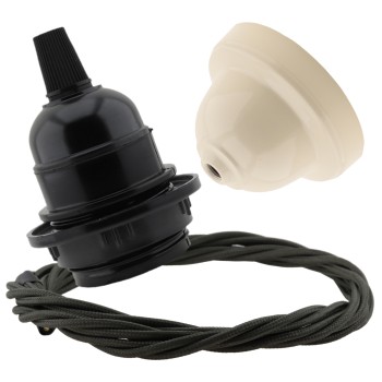 Pendant Kit Bakelite Ceiling Cup in Applied Ivory Finish with a Black Bakelite Lampholder and Khaki Green Flex