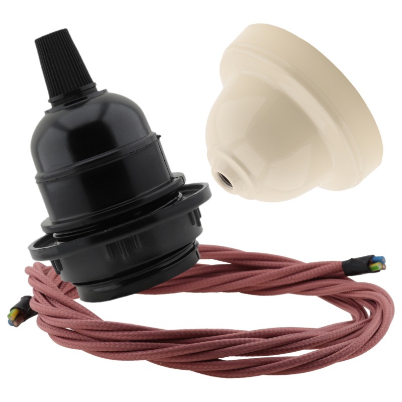 Pendant Kit Bakelite Ceiling Cup in Applied Ivory Finish with a Black Bakelite Lampholder and Dusky Pink Flex Pendant Kit Bakelite Ceiling Cup in Applied Ivory Finish with a Black Bakelite Lampholder and Dusky Pink Flex