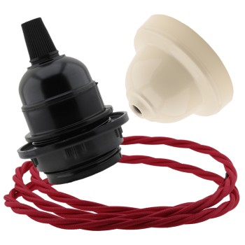 Pendant Kit Bakelite Ceiling Cup in Applied Ivory Finish with a Black Bakelite Lampholder and Bright Red Flex