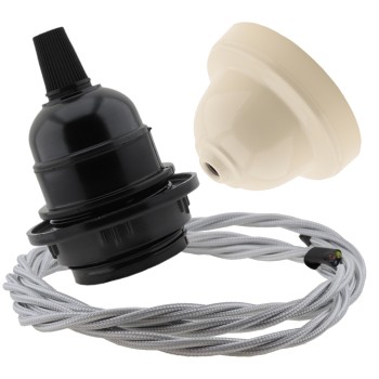 Pendant Kit Bakelite Ceiling Cup in Applied Ivory Finish with a Black Bakelite Lampholder and Silver Flex