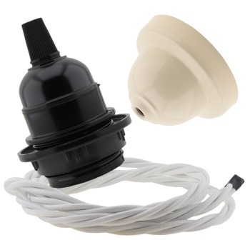 Pendant Kit Bakelite Ceiling Cup in Applied Ivory Finish with a Black Bakelite Lampholder and White Flex