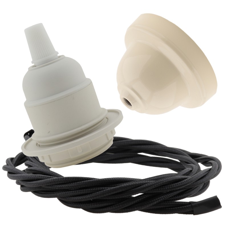 Pendant Kit with Bakelite Ceiling Cup with Applied Ivory Finish E27 White Thermoset Plastic Lampholder and Black Flex Pendant Kit with Bakelite Ceiling Cup with Applied Ivory Finish E27 White Thermoset Plastic Lampholder and Black Flex